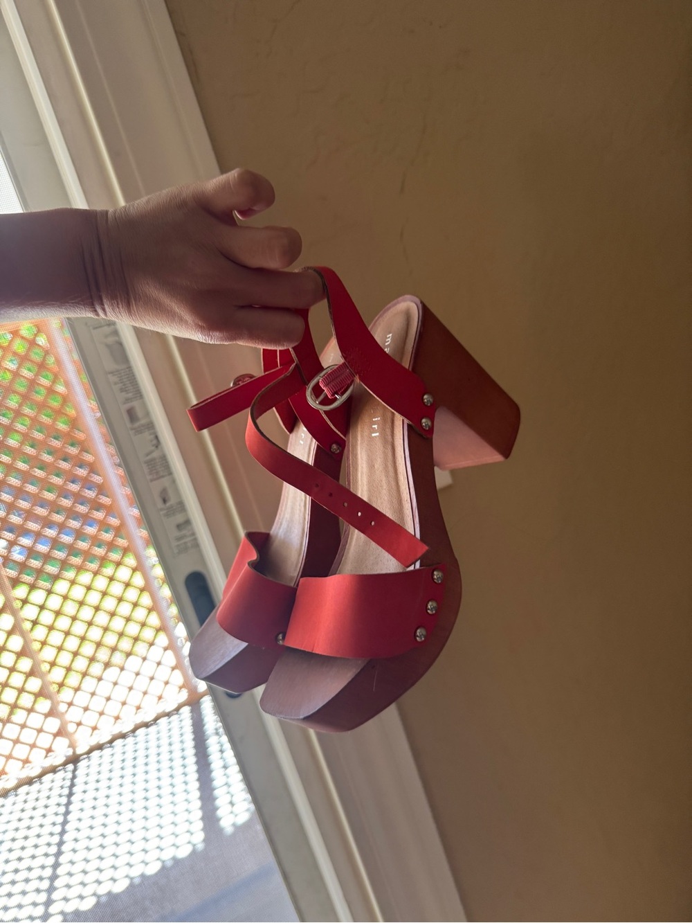 Madden Girl Red Platform Block Heel Sandals with Stud Accents